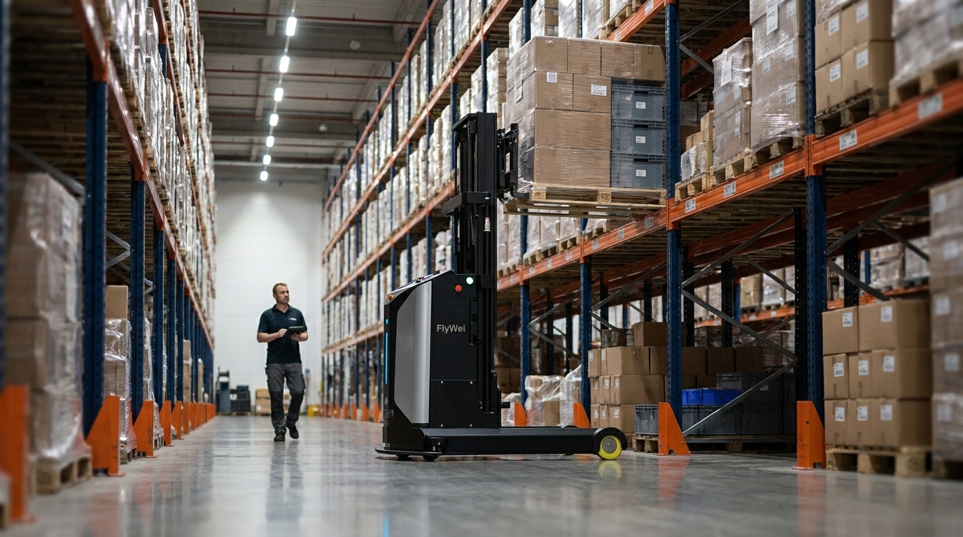 A driverless FlyWei autonomous counterbalance forklift carrying a pallet of steel drums through a UK chemicals and lubricants distribution warehouse, past racking stacked with IBC totes.