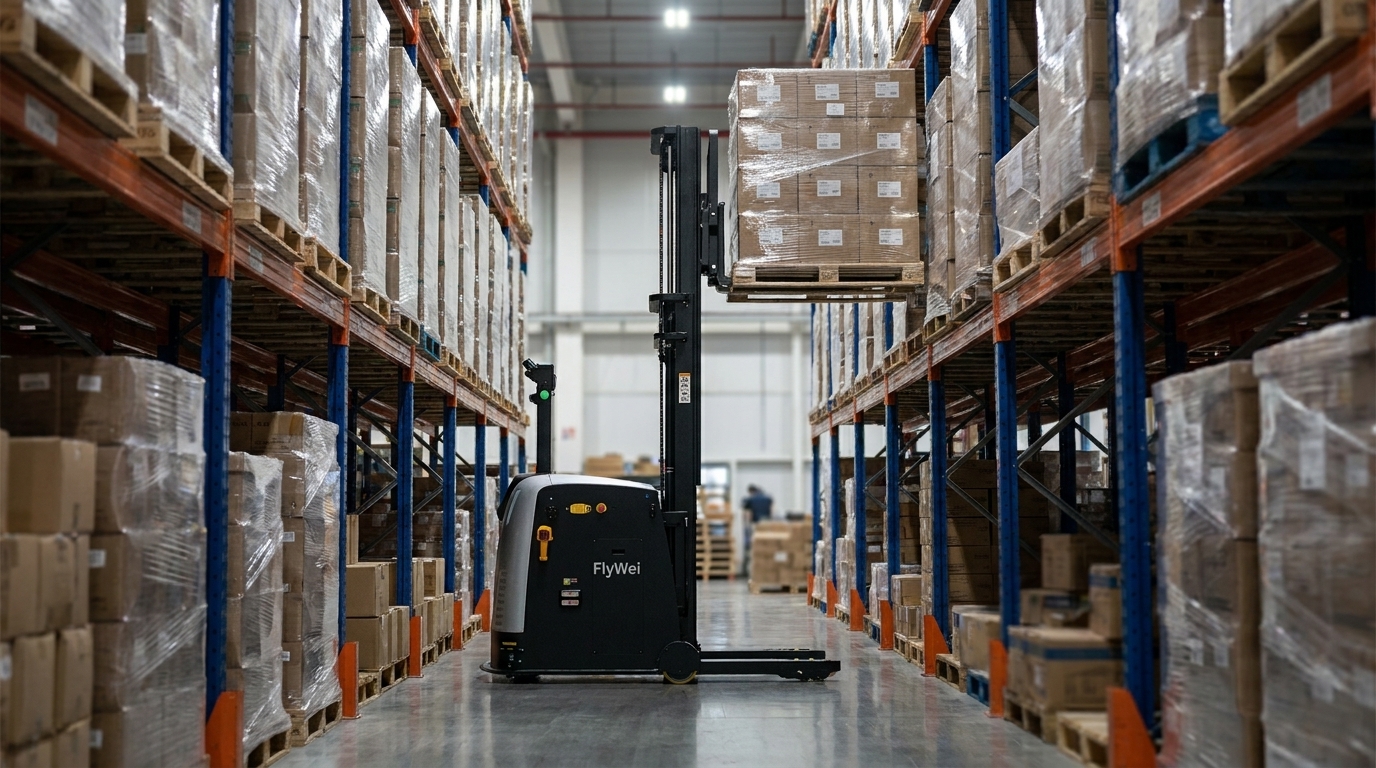 A driverless FlyWei autonomous narrow-aisle stacker truck placing a shrink-wrapped pallet of lightweight moulded plastic containers into high-bay racking in a UK plastics and polymer processing plant.