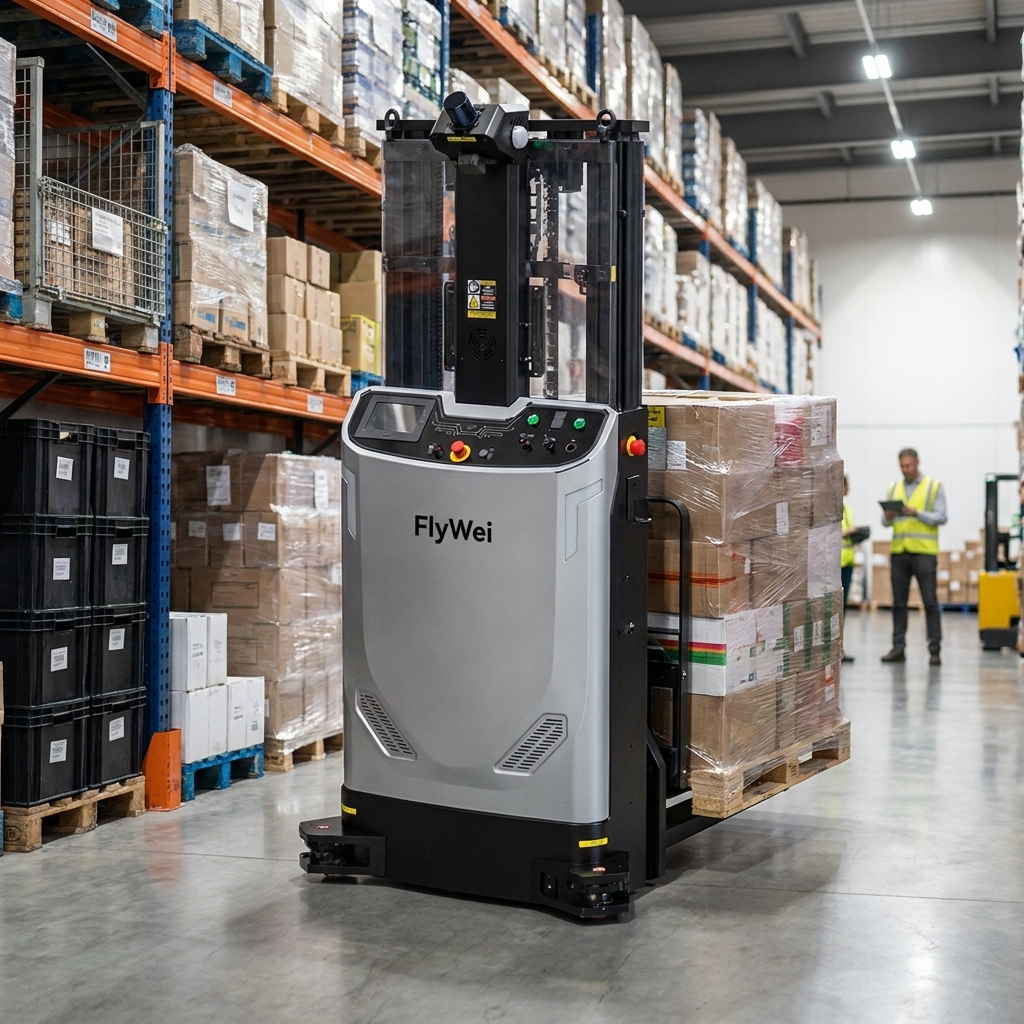 A FlyWei autonomous pallet stacker carrying a wrapped pallet of packaged food away from an end-of-line area in a hygienic UK food and beverage production facility