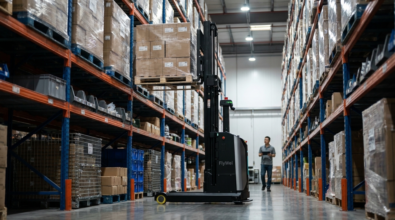 A FlyWei autonomous forklift placing a frozen pallet into high-bay racking in a very narrow aisle of a UK deep-freeze cold store, with no driver on board