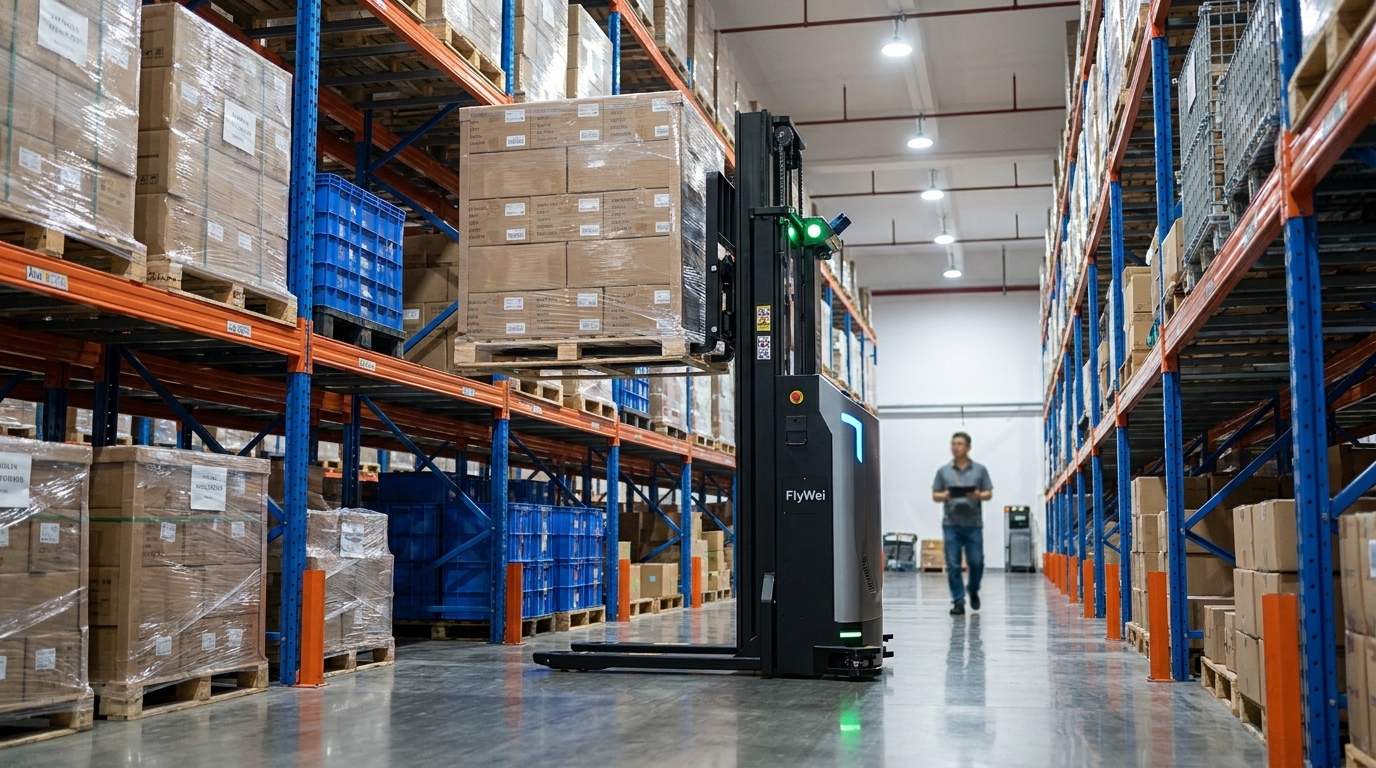 Un chariot élévateur autonome FlyWei déplaçant une palette d'épicerie filmée à travers l'allée de transbordement d'un centre de distribution de produits d'épicerie et de supermarché au Royaume-Uni.