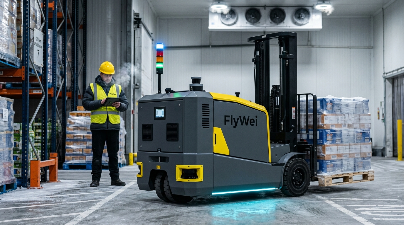 Autonomous forklift completes a frozen pallet putaway inside a UK cold-chain warehouse while a supervisor monitors from a tablet — cold chain warehouse automation UK