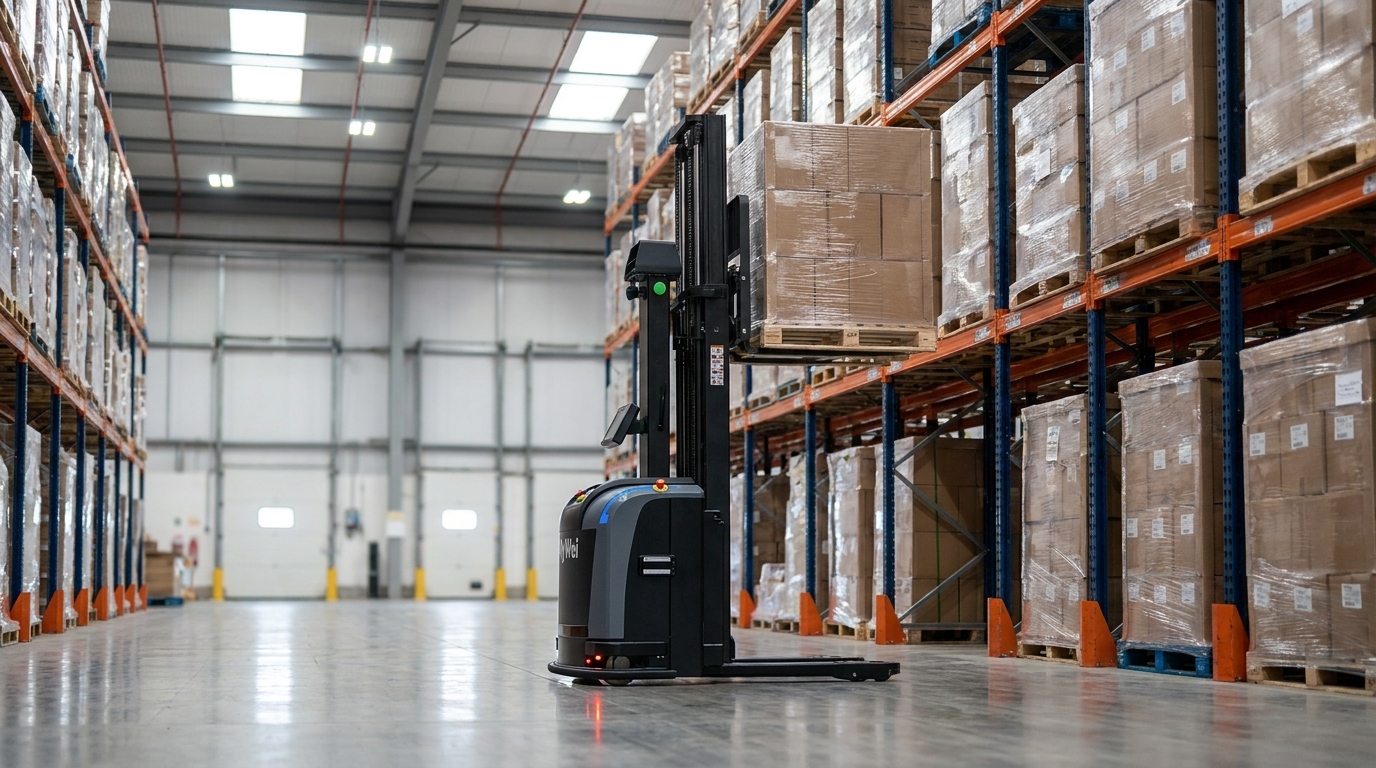 Un carrello elevatore controbilanciato senza conducente FlyWei che sposta un pallet di carta termoretraibile in un centro di distribuzione di imballaggi a scaffalature alte nel Regno Unito