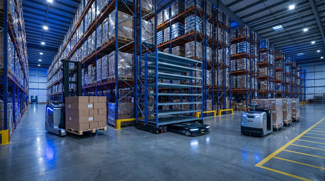 Mixed SEER robot fleet — autonomous forklift, lifting robot and tugger AGV — working in parallel in a UK distribution centre, illustrating end-to-end warehouse autonomy without vendor lock-in