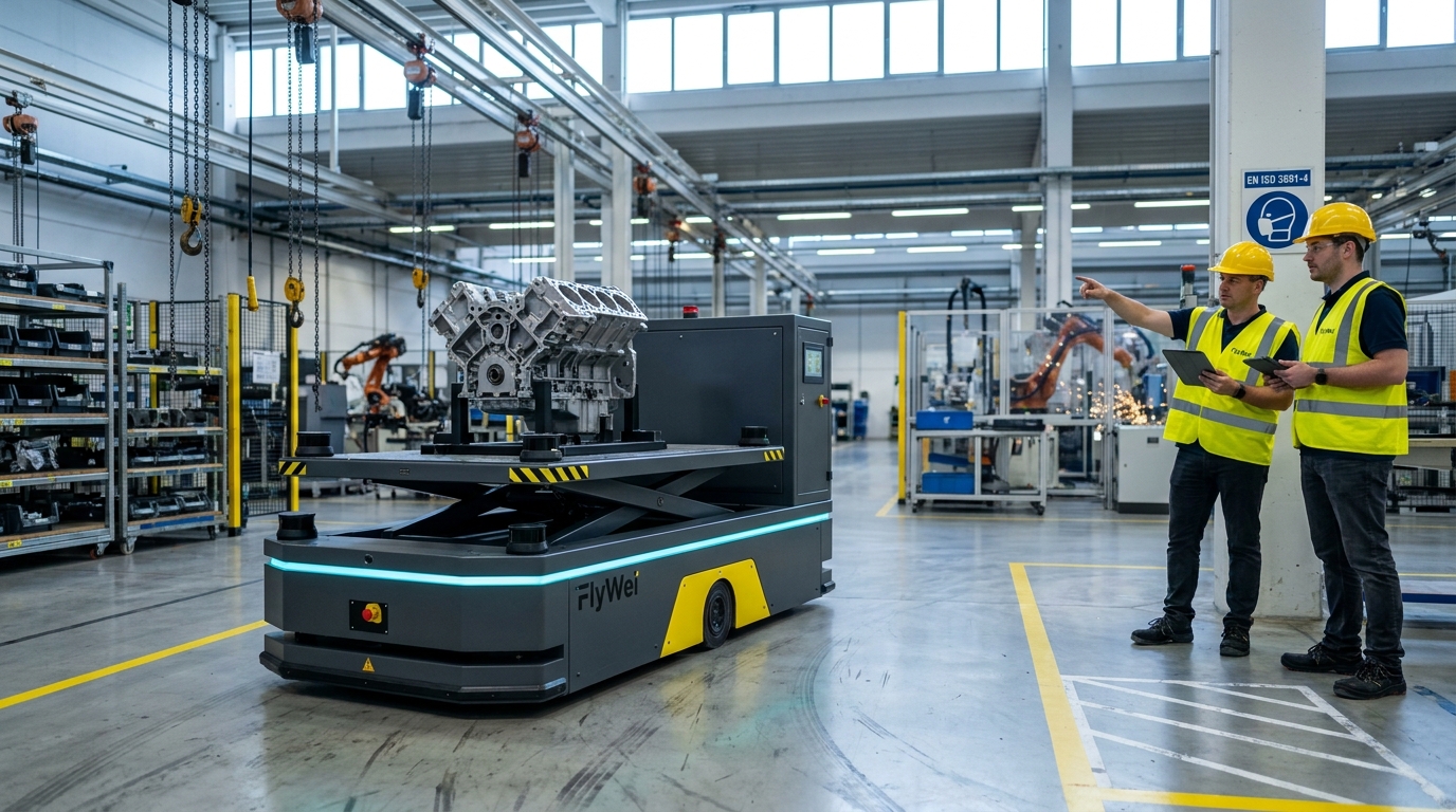 Heavy-lift autonomous AMR carrying a 2-tonne V8 engine block in a European engineering plant under FlyWei M4 fleet orchestration.