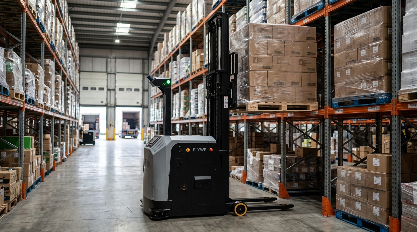 Gegengewichts-AMR für FMCG transportiert palettierte Konsumgüterkartons von einem End-of-Line-Palettierer zur Bereitstellung in einer UK-Verpackungshalle, Werksleiter überwacht in Warnweste