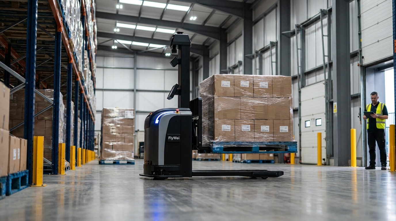 Robot FMCG : un chariot élévateur autonome contrebalancé FlyWei soulevant une palette de cartons de biens de consommation emballée sous film rétractable en fin de ligne d'une usine FMCG au Royaume-Uni