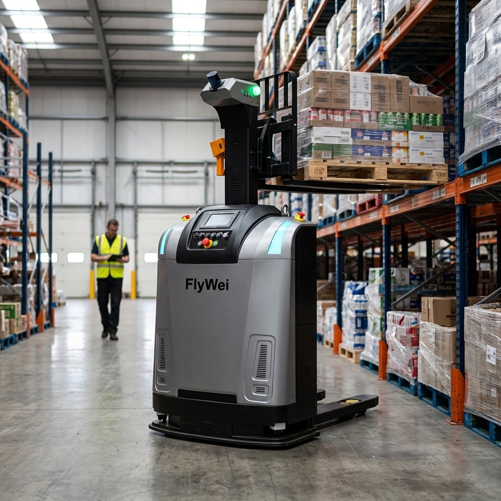 Gegengewichts-FlyWei autonomer Gabelstapler bewegt eine Palette mit FMCG-Verbraucherkartons in einem britischen Ambient-Distributionszentrum für eine vernetzte Flotte im Jahr 2026