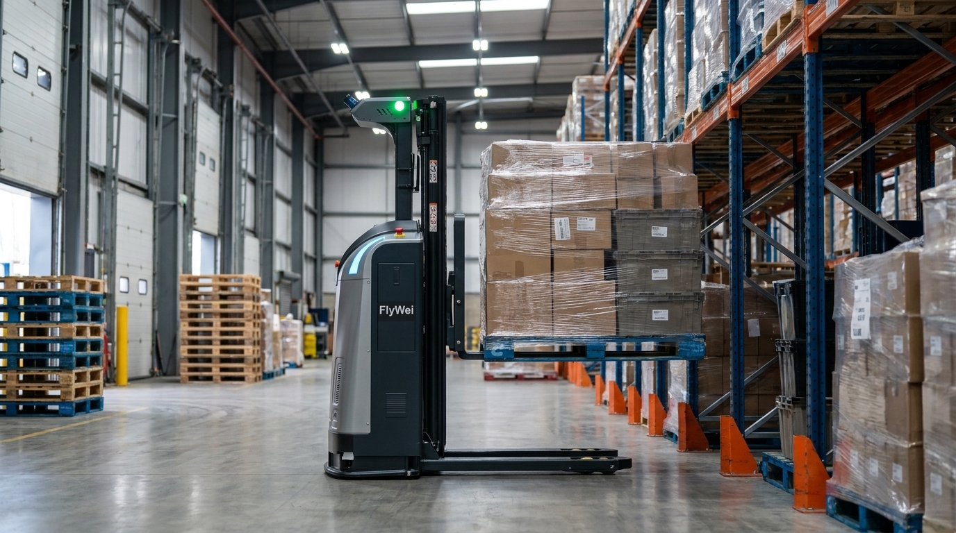 Carretilla elevadora contrapesada autónoma elevando un palé de FMCG en un centro de distribución 3PL en UK Midlands mientras dos supervisores de compras revisan los datos de utilización del leasing en una tableta