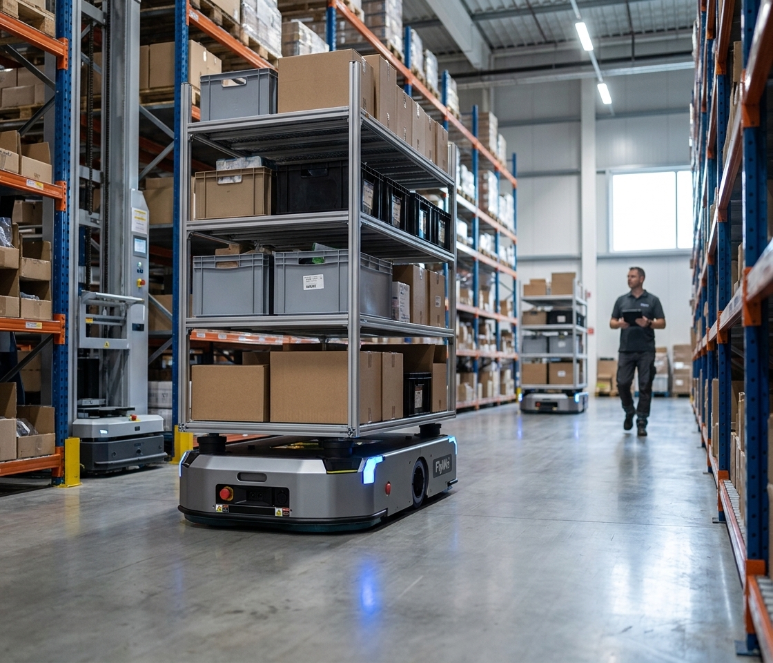 Latent-Jacking Hebe-AMR gleitet unter einem Rollbehälter zu einer Goods-to-Person Kommissionierstation auf einem britischen E-Commerce-Mezzanin