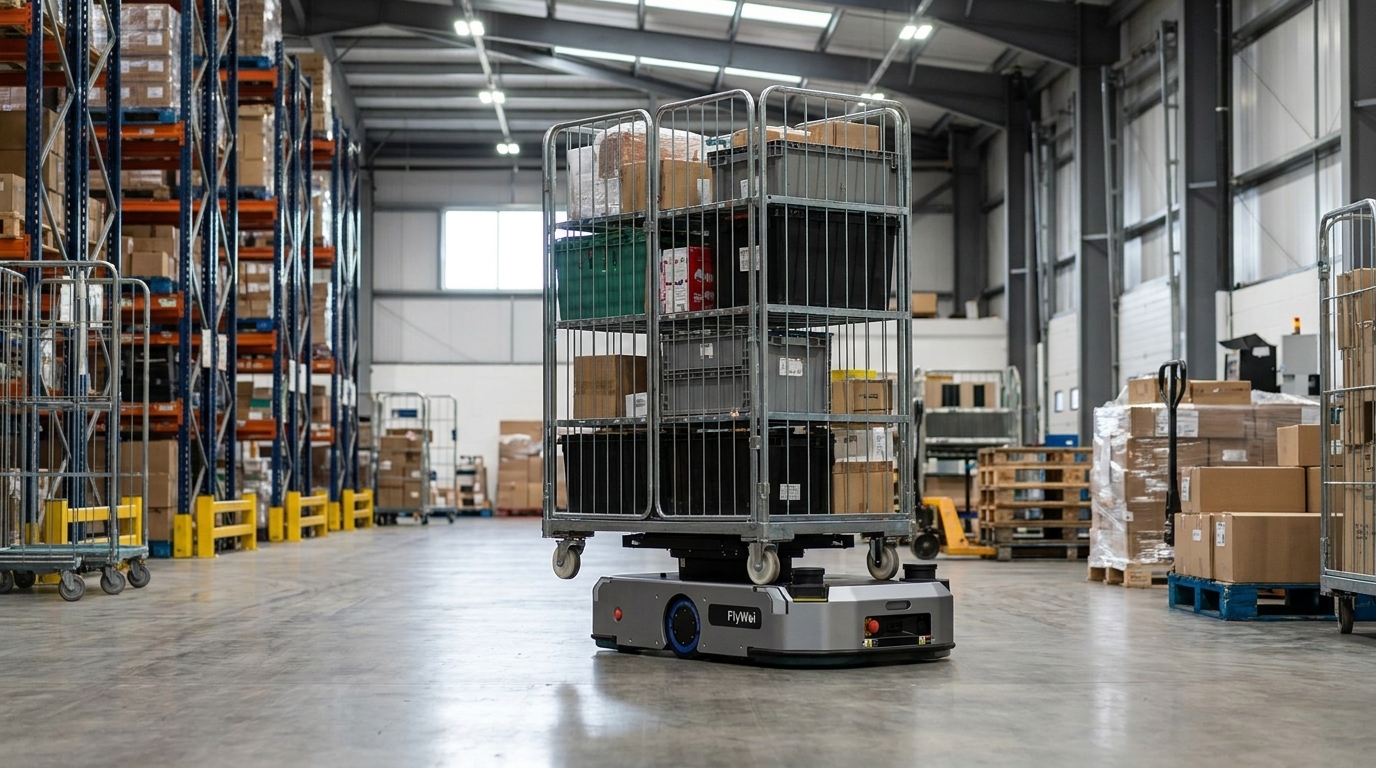 AMR autonomo goods-to-person che consegna una scaffalatura di generi alimentari refrigerati a un operatore di picking stazionario presso una postazione di lavoro di un centro di distribuzione retail nel Regno Unito
