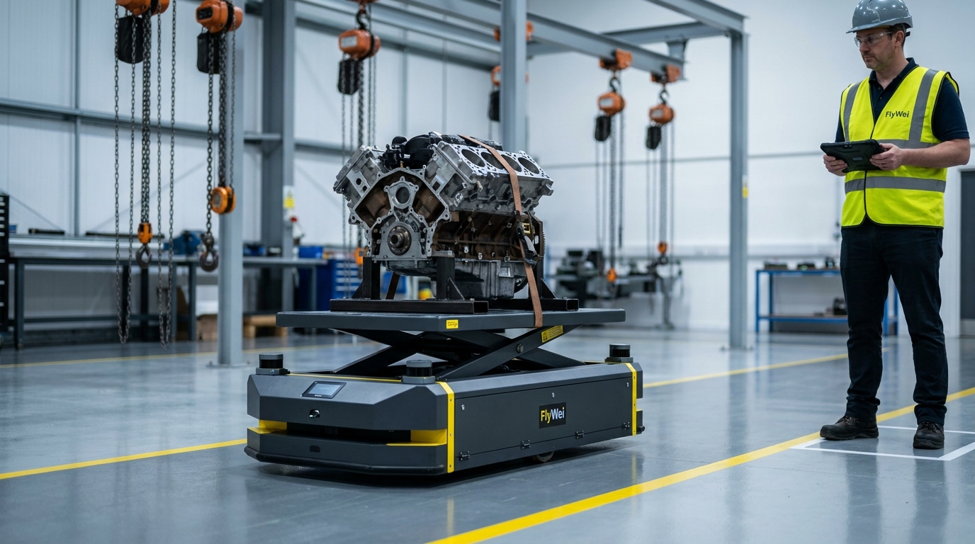 Heavy-lift autonomous AMR carrying a V8 engine block along the assembly line of a UK engineering plant