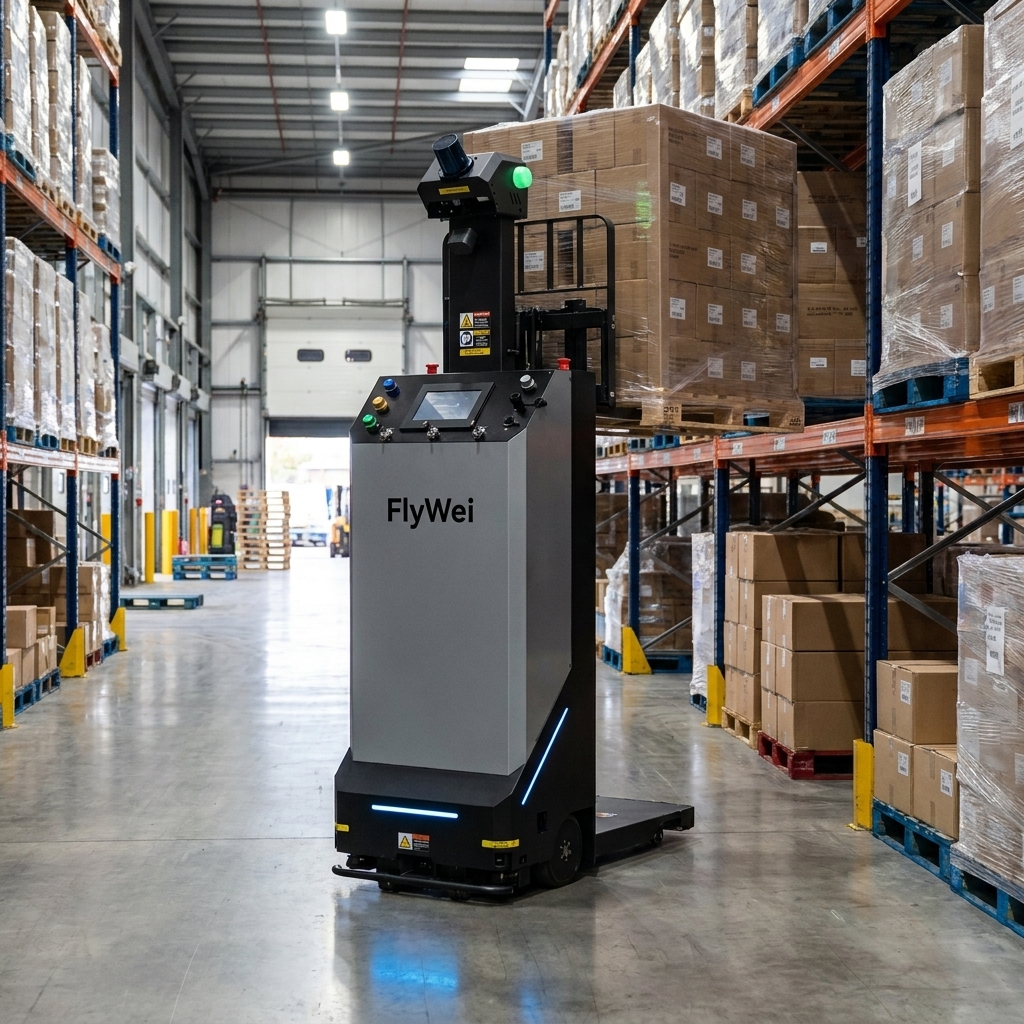 مهندس يقوم بصيانة روبوت صناعي على شاحنة FlyWei ذاتية الوصول عند مدخل غرفة تبريد في المملكة المتحدة