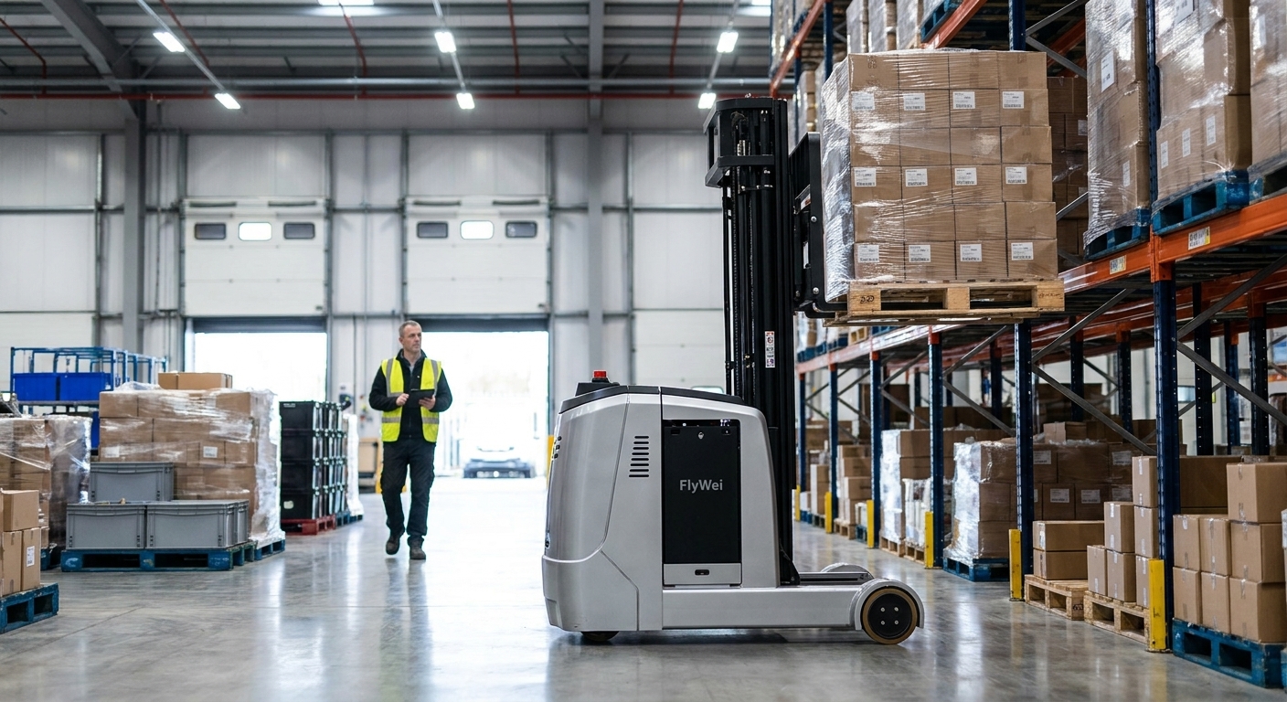 Engineer carrying out industrial robot servicing on a FlyWei autonomous reach truck in a marked maintenance bay at a UK e-commerce fulfilment centre