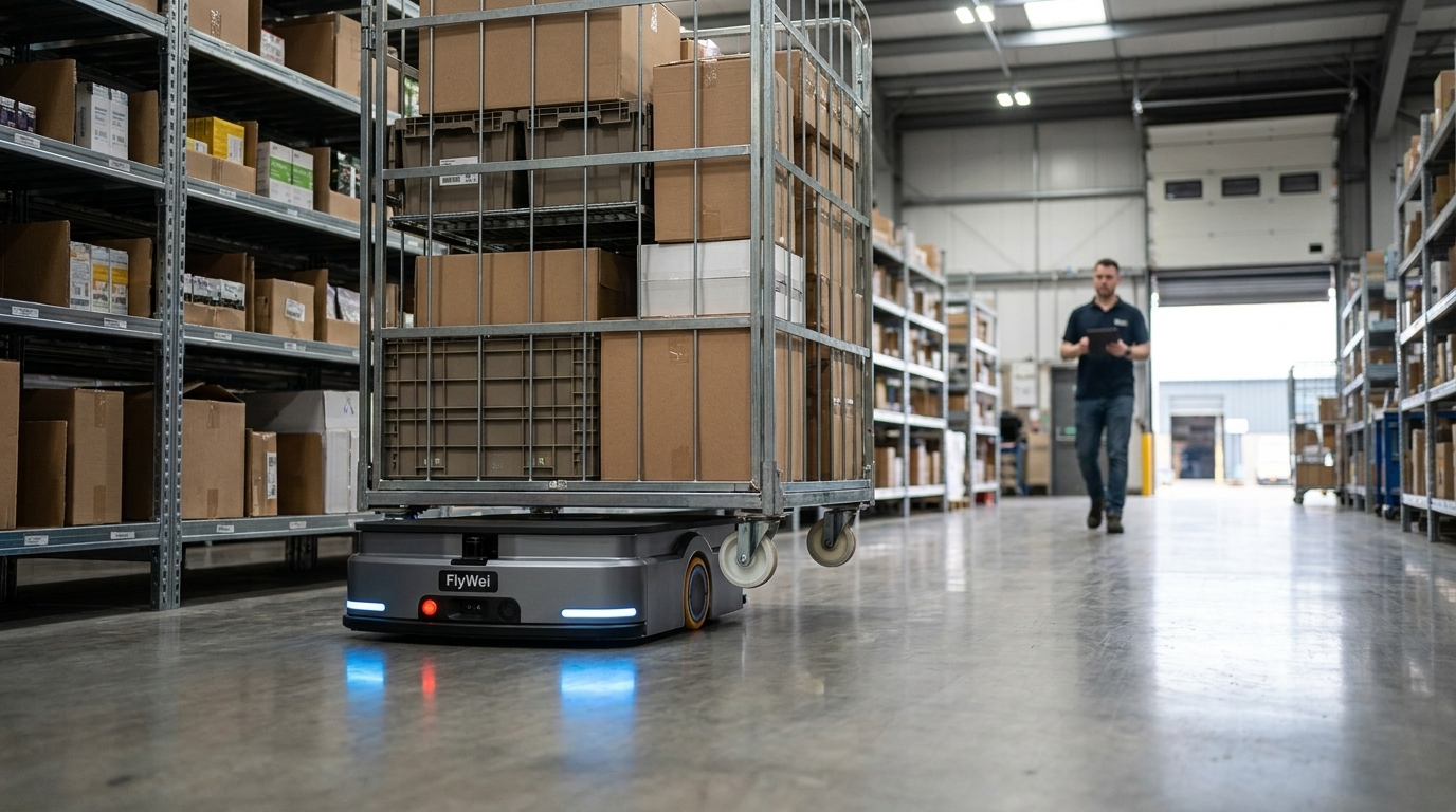Lifting automated robots in a UK engineering parts warehouse: a heavy-lift autonomous machine raises a steel skid of gearbox housings as supervisors watch from a marked safety zone