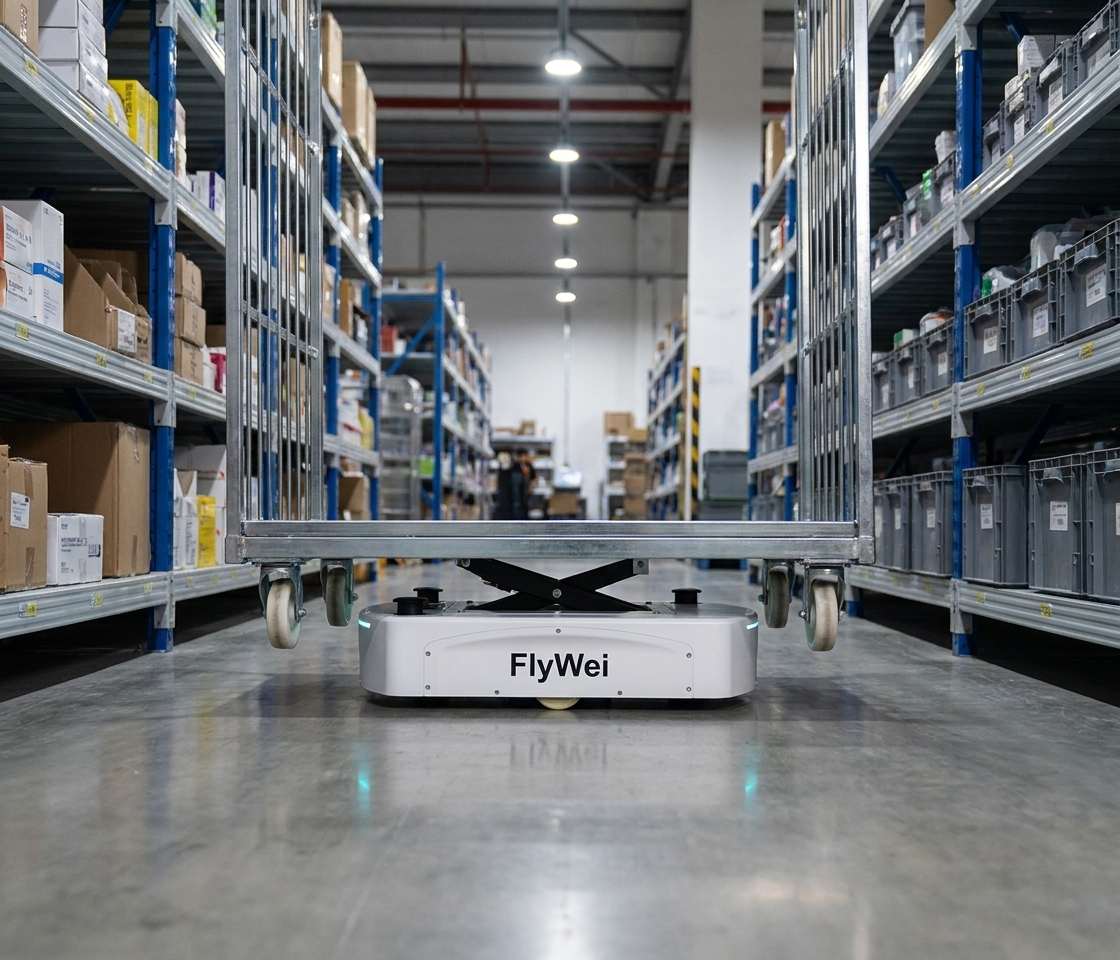 Robot automatizado de elevación de tipo 'latent-jacking' transportando totes farmacéuticos por el suelo de un centro de cumplimiento regulado por la MHRA en el Reino Unido, con un supervisor con bata observando