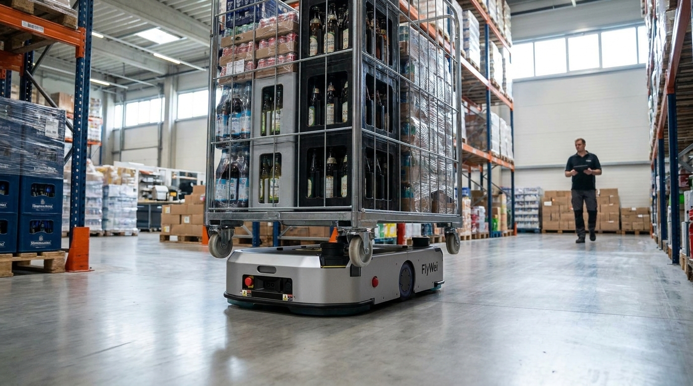 Robot de elevación autónomo de carga pesada moviendo un palé de barriles apilados en una sala de embotellado de una cervecería del Reino Unido, Burton-on-Trent