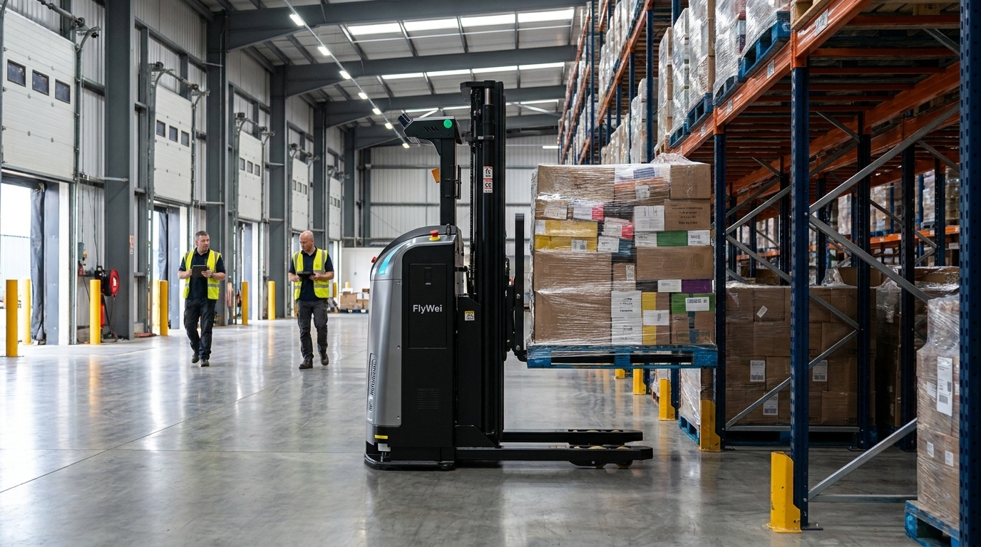 Goods in automation at a UK wholesale depot, a checker in a hi-vis vest confirming a pallet count on a handheld device at the bay.