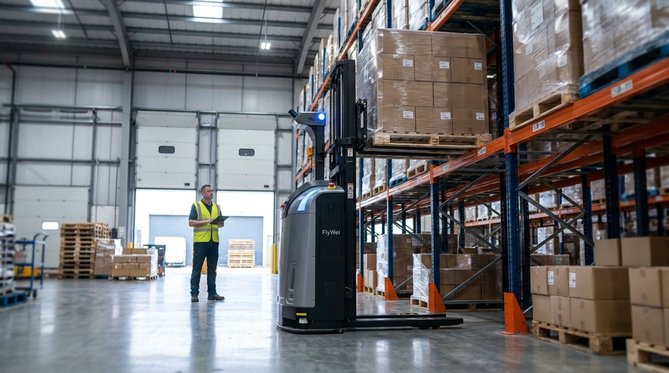 Warehouse robot ERP integration in the UK, a warehouse worker in a hi-vis vest confirming a pallet move on a handheld beside a dock plate