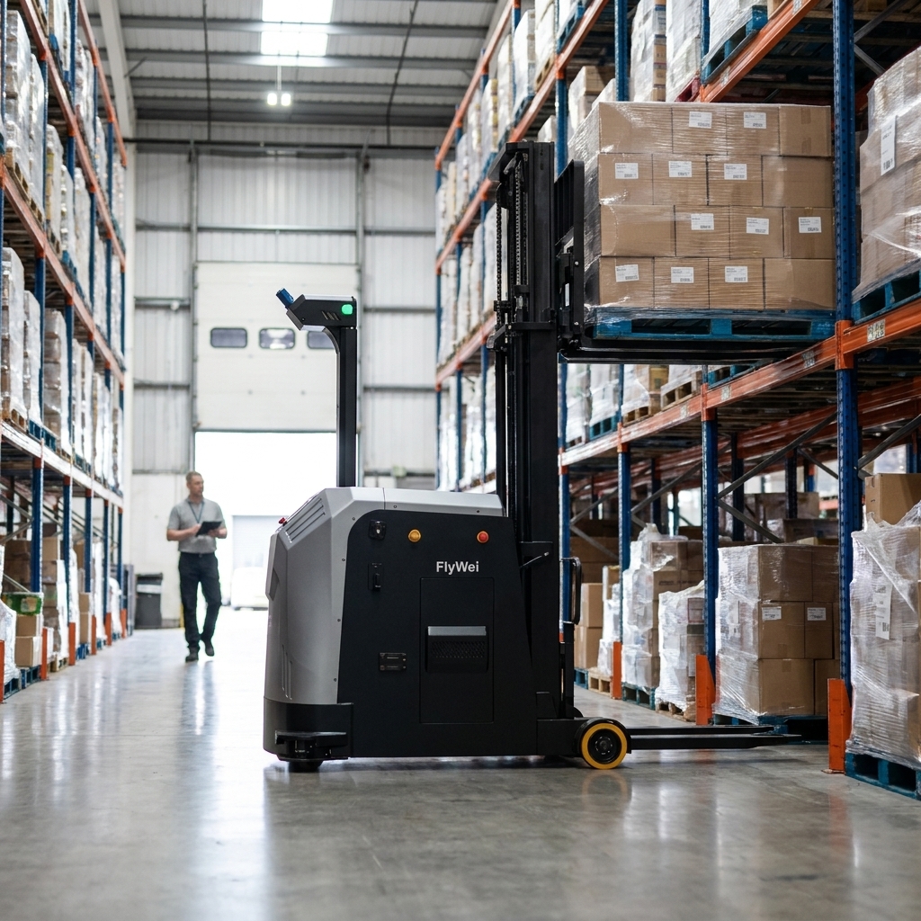 Autonomous reach truck forklift holding position in a UK e-commerce fulfilment centre aisle while a supervisor checks a tablet